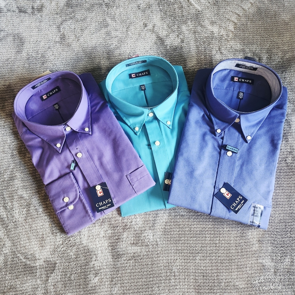 Lot Of 3 Chaps Classic Fit Dress Shirts,  Wrinkle Free 34-35 Long Sleeve Bright